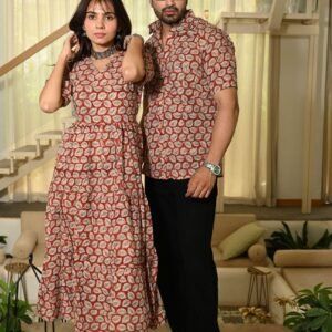 Couple Matching Red-Beige Cotton Anarkali Midi Dress and Shirt Set ? Leaf Block Print
