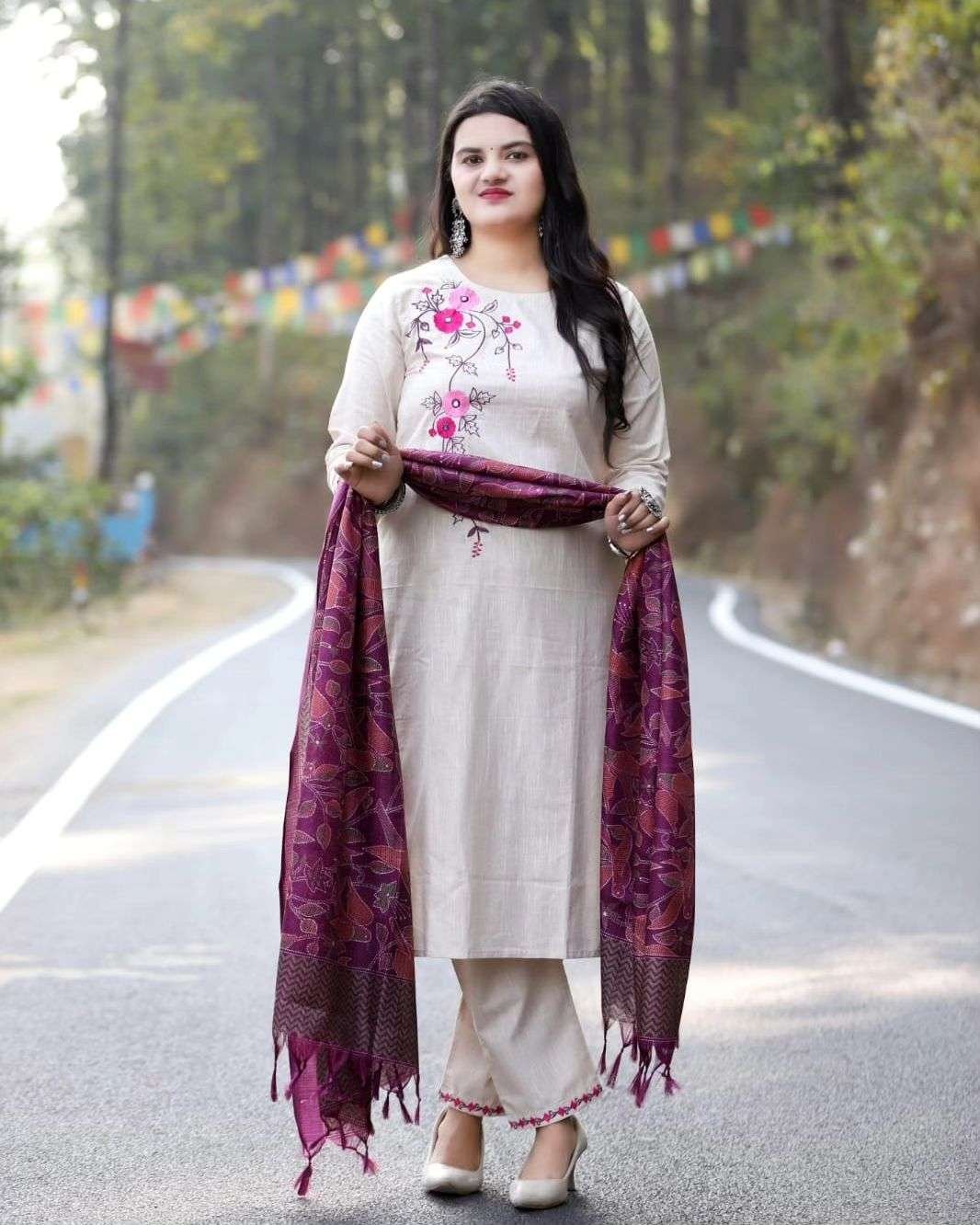 Women's Cotton Floral Printed Straight Kurti with Pant and Dupatta Set
